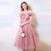 Chic / Beautiful Candy Pink Homecoming Graduation Dresses 2019 A-Line / Princess Off-The-Shoulder Sequins Short Sleeve Backless Tea-length Formal Dresses
