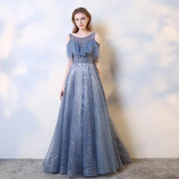Charmant Océan Bleu Robe De Soirée 2019 Princesse Encolure Dégagée Perlage Cristal Paillettes Manches Courtes Dos Nu Train De Balayage Robe De Ceremonie