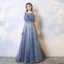 Charmant Océan Bleu Robe De Soirée 2019 Princesse Encolure Dégagée Perlage Cristal Paillettes Manches Courtes Dos Nu Train De Balayage Robe De Ceremonie