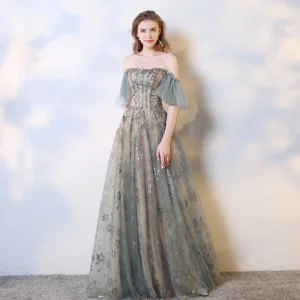 Charmant Champagne Gris Robe De Soirée 2019 Princesse De L Épaule En Dentelle Paillettes Manches Courtes Dos Nu Longue Robe De Ceremonie