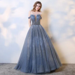 Charming Ocean Blue Evening Dresses 2019 A Line Princess Off The Shoulder Beading Sequins Sleeveless Backless Floor Length Long Formal Dresses
