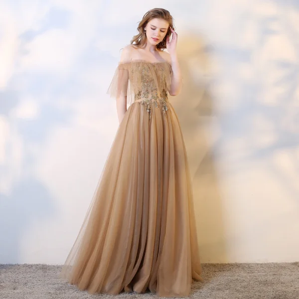 Chic / Beautiful Champagne Evening Dresses 2019 A-Line / Princess Sleeveless Beading Sequins Pearl Crystal Off-The- Chic / Beautiful Champagne Evening Dresses 2019 A-Line / Princess Sleeveless Beading Sequins Pearl Crystal Off-The-