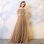 Chic / Beautiful Champagne Evening Dresses  2019 A-Line / Princess Sleeveless Beading Sequins Pearl Crystal Off-The-Shoulder Backless Floor-Length / Long Formal Dresses
