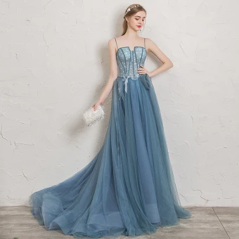 Chic Beautiful Ocean Blue Evening Dresses 2019 A Line Princess Spaghetti Straps Rhinestone Appliques Lace Flower Sleeveless Backless Court Train Formal Dresses