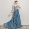 Chic / Beautiful Ocean Blue Evening Dresses  2019 A-Line / Princess Spaghetti Straps Rhinestone Appliques Lace Flower Sleeveless Backless Court Train Formal Dresses