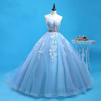 Chic Belle Bleu Robe De Bal 2019 Robe Boule Amoureux En Dentelle Fleur Sans Manches Dos Nu Chapel Train Robe De Ceremonie