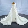 High-end Elegant Ivory Satin Wedding Dresses 2021 A-Line / Princess One-Shoulder Beading Pearl Sequins Long Sleeve Backless Cathedral Train Wedding