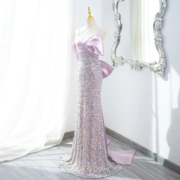 Scintillantes Lavande Paillettes Robe De Soirée 2024 Trompette / Sirène Bretelles Spaghetti Sans Manches Dos Nu Noeud Longue Soirée Robe De Ceremonie