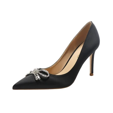 Charmant Noire Soirée Satin Faux Diamant Noeud Escarpins 2021 8 Cm Talons Aiguilles À Bout Pointu Escarpins Talons Hauts