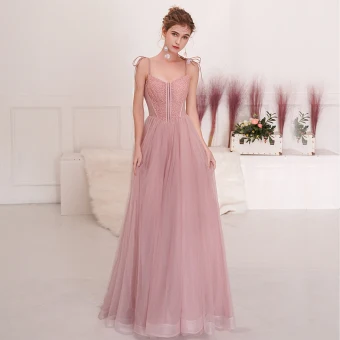 Chic Belle Rougissant Rose Robe De Soirée 2019 Princesse Bretelles Spaghetti Noeud Perlage Paillettes Sans Manches Dos Nu Longue Robe De Ceremonie