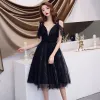 Charming Black Evening Dresses  2019 A-Line / Princess Spaghetti Straps Star Sequins Short Sleeve Backless Knee-Length Formal Dresses