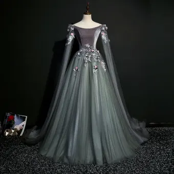 Elegante Grijs Galajurken 2019 A Lijn Ronde Hals Pailletten Kant Bloem Lange Mouwen Ruglooze Lange Gelegenheid Jurken