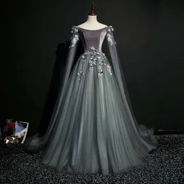 Eleganckie Szary Sukienki Na Bal 2019 Princessa Wycięciem Cekiny Z Koronki Kwiat Długie Rękawy Bez Pleców Długie Sukienki Wizytowe