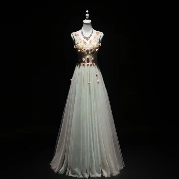 Élégant Vert Cendré Robe De Soirée 2019 Princesse V Cou Perlage Perle Appliques Sans Manches Dos Nu Longue Robe De Ceremonie