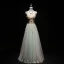 Elegant Sage Green Evening Dresses  2019 A-Line / Princess V-Neck Beading Pearl Appliques Sleeveless Backless Floor-Length / Long Formal Dresses