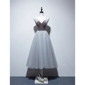Sexy Grey Evening Dresses 2019 A Line Princess Spaghetti Straps Suede Sleeveless Backless Tea Length Formal Dresses