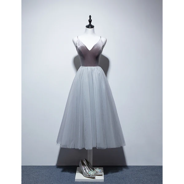 Sexy Grey Evening Dresses 2019 A-Line / Princess Spaghetti Straps Suede Sleeveless Backless Tea-length Formal Dresses