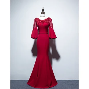 Chic Belle Bordeaux Robe De Soirée 2019 Trompette Sirène Encolure Dégagée Perlage Paillettes En Dentelle Fleur Appliques 3 4 Manches Dos Nu Longue Robe De Ceremonie