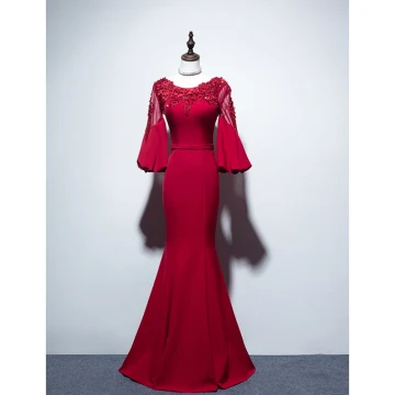 Chic Beautiful Burgundy Evening Dresses 2019 Trumpet Mermaid Scoop Neck Beading Sequins Lace Flower Appliques 3 4 Sleeve Backless Floor Length Long Formal Dresses