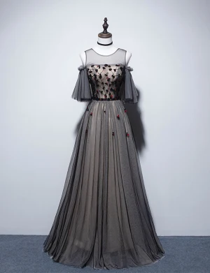 Élégant Noire Robe De Soirée 2019 Princesse Encolure Dégagée Perlage Cristal Appliques Manches Courtes Dos Nu Longue Robe De Ceremonie