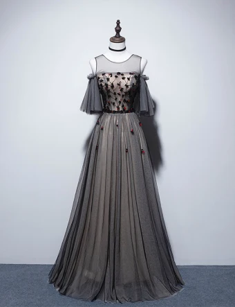 Élégant Noire Robe De Soirée 2019 Princesse Encolure Dégagée Perlage Cristal Appliques Manches Courtes Dos Nu Longue Robe De Ceremonie