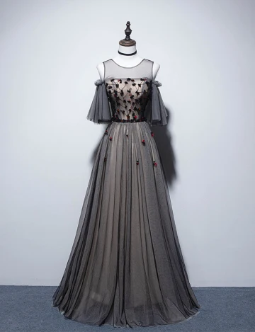 Eleganta Svarta Aftonklänningar 2019 Prinsessa Urringning Beading Kristall Appliqués Korta Ärm Halterneck Långa Formella Klänningar