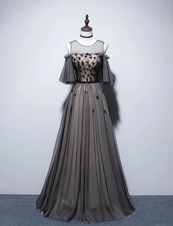 Eleganta Svarta Aftonklänningar 2019 Prinsessa Urringning Beading Kristall Appliqués Korta ärm Halterneck Långa Formella Klänningar