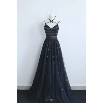 Chic Noire Robe De Soirée 2019 Princesse Titulaire Faux Diamant Sans Manches Dos Nu Longue Robe De Ceremonie