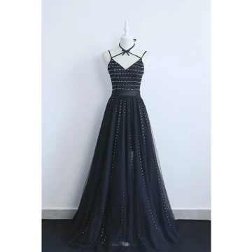Chic Noire Robe De Soirée 2019 Princesse Titulaire Faux Diamant Sans Manches Dos Nu Longue Robe De Ceremonie