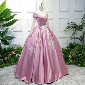Elegant Sukkertøyrosa Ballkjoler 2019 Ballkjole Scoop Halsen Blonder Blomst Langermede Lange Formelle Kjoler