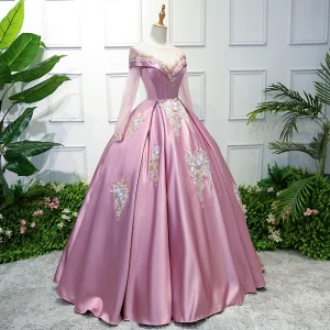 Elegant Candy Pink Prom Dresses 2019 Ball Gown Scoop Neck Lace Flower Long Sleeve Floor Length Long Formal Dresses