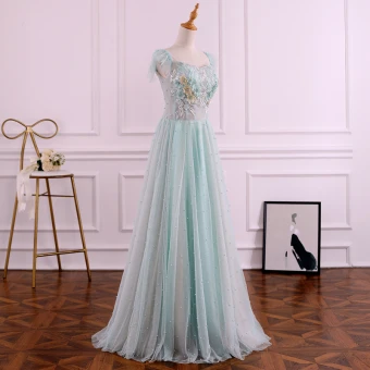Chic Belle Vert Cendré Robe De Soirée 2019 Princesse Encolure Carrée Perle Paillettes En Dentelle Fleur Sans Manches Dos Nu Longue Robe De Ceremonie
