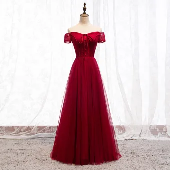 Chic Belle Bordeaux Robe De Soirée 2019 Princesse De L Épaule Noeud En Dentelle Manches Courtes Dos Nu Longue Robe De Ceremonie