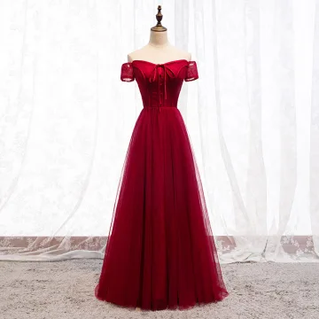 Chic Belle Bordeaux Robe De Soirée 2019 Princesse De L Épaule Noeud En Dentelle Manches Courtes Dos Nu Longue Robe De Ceremonie