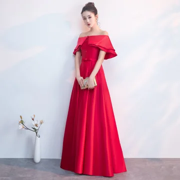 Edles Rot Abendkleider 2019 A Linie Off Shoulder Schleife Kurze Ärmel Rückenfreies Lange Festliche Kleider