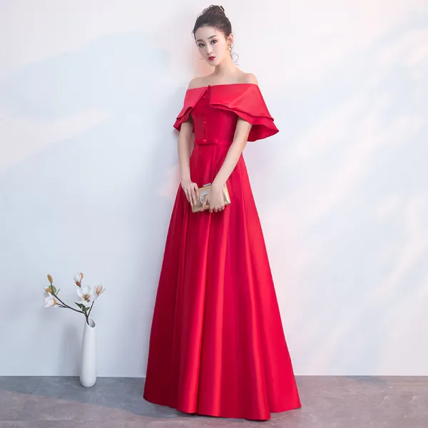 Classy Red Evening Dresses  2019 A-Line / Princess Off-The-Shoulder Bow Short Sleeve Backless Floor-Length / Long Formal Dresses
