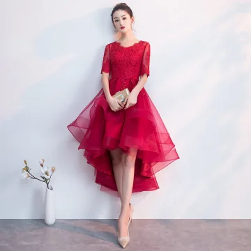 Charmant Bordeaux Robe De Fete 2019 Princesse Encolure Dégagée 1 2 Manches En Dentelle Fleur Asymétrique Robe De Ceremonie