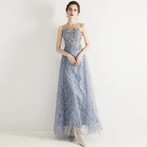 Chic Belle Bleu Ciel Robe De Soirée 2019 Princesse Encolure Dégagée Perlage En Dentelle Fleur Appliques Faux Diamant Sans Manches Longue Robe De Ceremonie