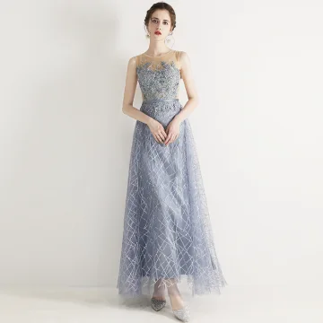 Chic Belle Bleu Ciel Robe De Soirée 2019 Princesse Encolure Dégagée Perlage En Dentelle Fleur Appliques Faux Diamant Sans Manches Longue Robe De Ceremonie