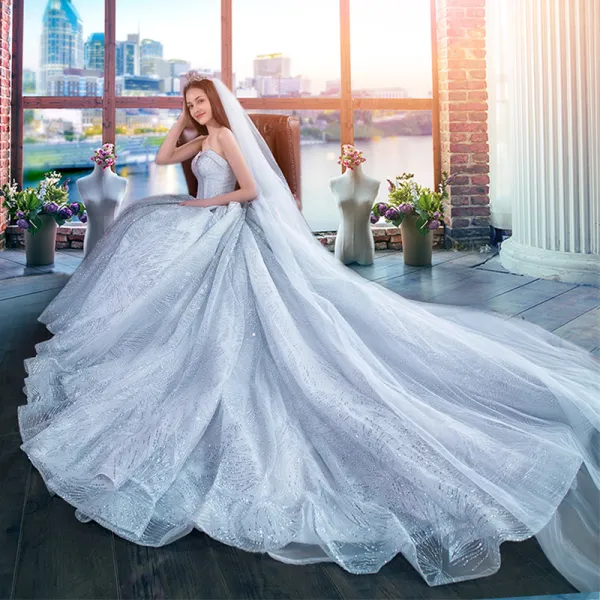 Luxury / Gorgeous Silver Wedding Dresses 2018 A-Line / Princess Glitter Sweetheart Backless Sleeveless Royal Train Wedding