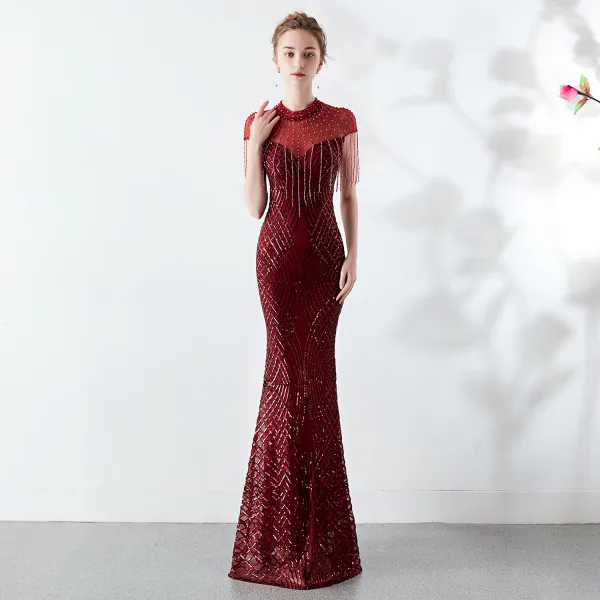 Classy Burgundy Evening Dresses  2019 Trumpet / Mermaid Scoop Neck Beading Tassel Sequins Short Sleeve Floor-Length / Long Formal Dresses