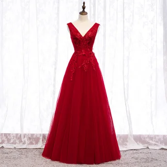 Chic Belle Bordeaux Robe De Soirée 2019 Princesse V Cou Perlage Cristal En Dentelle Fleur Sans Manches Dos Nu Longue Robe De Ceremonie