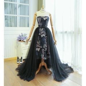 Charmant Noire Robe De Soirée 2019 Princesse Bustier En Dentelle Fleur Sans Manches Dos Nu Watteau Train Robe De Ceremonie