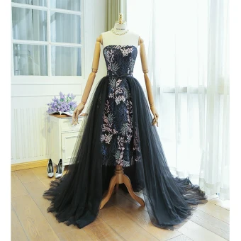 Charming Black Evening Dresses 2019 A Line Princess Strapless Lace Flower Sleeveless Backless Watteau Train Formal Dresses