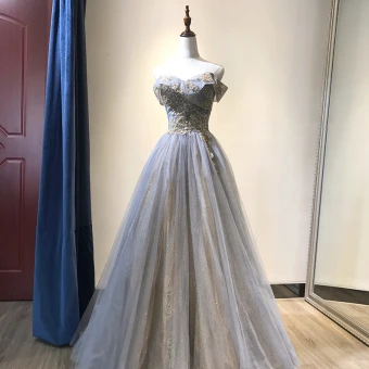 Charmant Bleu Ciel Robe De Soirée 2019 Princesse De L 039 Épaule Perlage En Dentelle Paillettes Sans Manches Dos Nu Longue Robe De Ceremonie