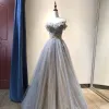 Charmant Bleu Ciel Robe De Soirée 2019 Princesse De l'épaule Perlage En Dentelle Paillettes Sans Manches Dos Nu Longue Robe De Ceremonie