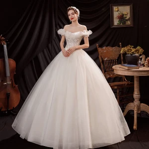Affordable Ivory Wedding Dresses 2021 Ball Gown Off The Shoulder Beading Sequins Sleeveless Backless Floor Length Long Wedding