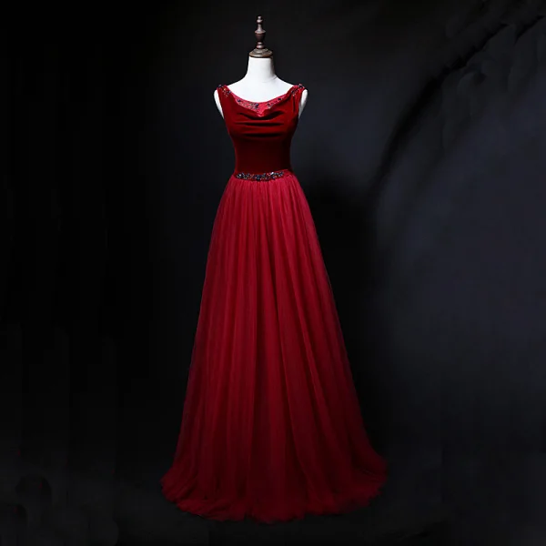Chic / Belle Bordeaux Robe De Bal 2018 Princesse Cristal Faux Diamant Daim V-Cou Dos Nu Sans Manches Longue Robe De Ceremonie
