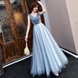 Élégant Bleu Robe De Soirée 2019 Princesse V Cou Perlage Cristal Sans Manches Dos Nu Longue Robe De Ceremonie