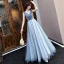 Élégant Bleu Robe De Soirée 2019 Princesse V-Cou Perlage Cristal Sans Manches Dos Nu Longue Robe De Ceremonie